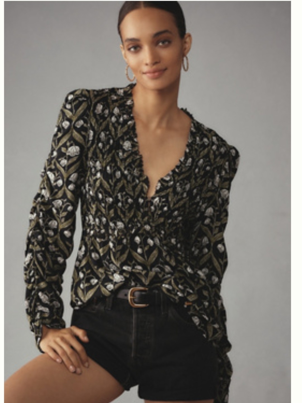 Anthropologie Black V-Neck Long-Sleeve Embroidered Blouse with Olive Accents